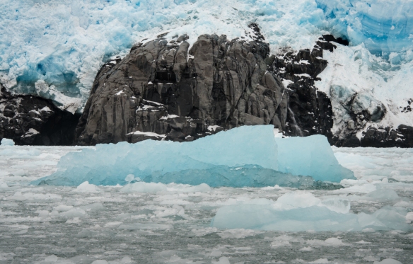 Nearly frozen ocean, icebergs, and “cliffs” at the face of Amalia (or Skua) Glacier, Amalia Sound, Bernardo O´Higgins National Park, Patagonia, Chile