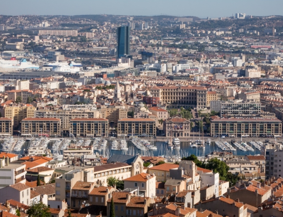 A close up view of Vieux Port (Old Port), in the center of the Le Panier District (old town), that remains a thriving harbor with 3,500 berths for fishing boats and yachts, Marseille, France